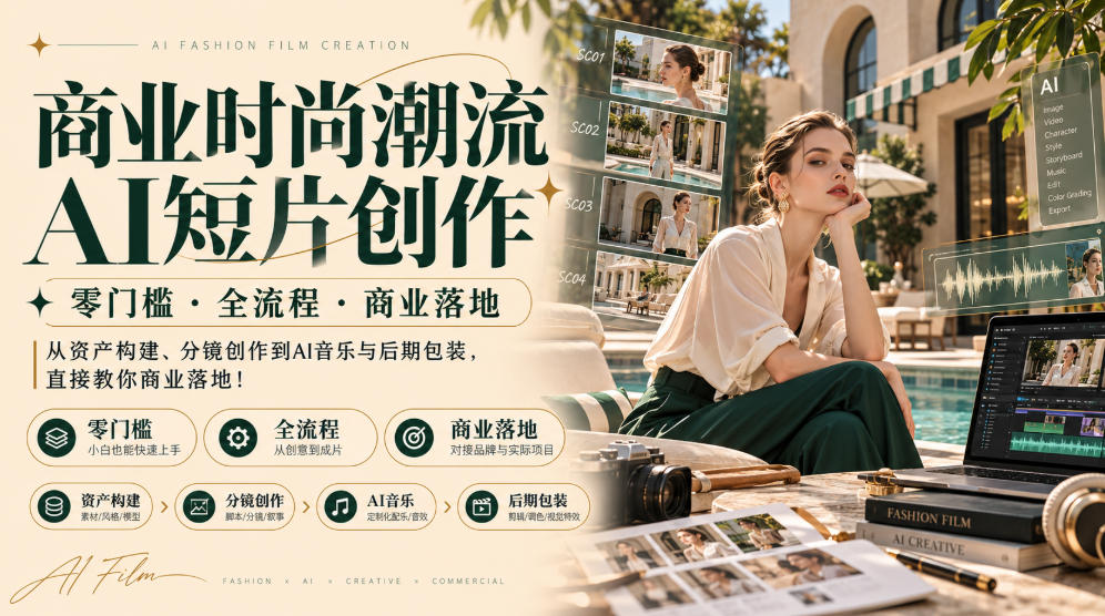 商业时尚潮流AI短片创作|零门槛全流程商业落地,从资产构建、分镜创作到AI音乐与后期包装,直接教你商业落地!