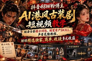 抖音48W粉博主AI港风古装剧短视频教学，配套全套提示词包、视觉资产SKILL、声音克隆教程，解锁精选独家、商单、收徒多元收益